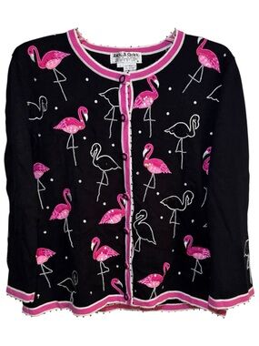 Jack B. Quick Flamingo Beaded Whimsical Lightweight Vintage Summer Cardigan
